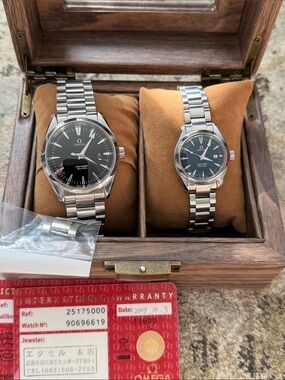 Omega Aqua Terra men’s and women’s watch set.